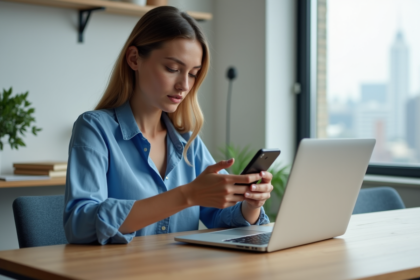 Jeune femme en blouse bleue sauvegarde ses données sur son ordinateur