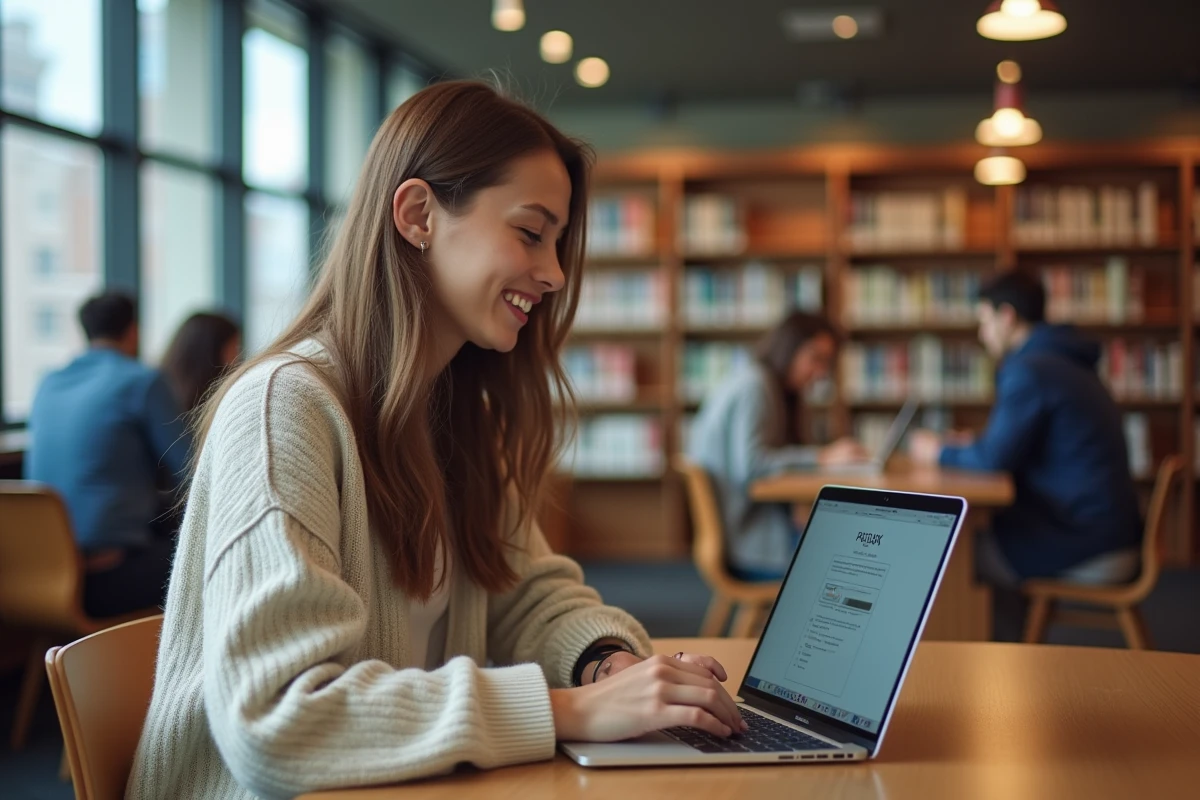 Jeune femme utilisant un ordinateur portable dans une bibliothèque urbaine