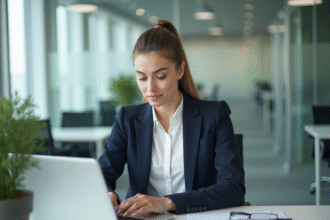 Jeune femme professionnelle au bureau avec blazer navy