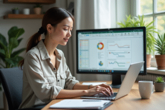 Jeune femme au bureau organisant un tableau Excel