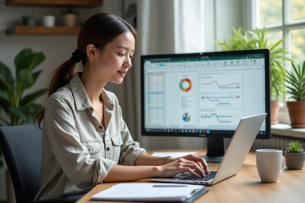 Jeune femme au bureau organisant un tableau Excel