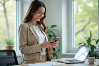 Jeune femme professionnelle regardant son smartphone au bureau