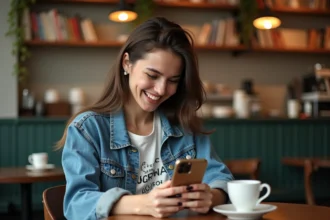 Jeune femme souriante avec iPhone 15 dans un café cosy