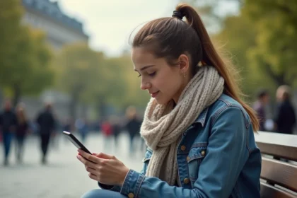 Jeune femme en denim regarde son smartphone dans un parc urbain