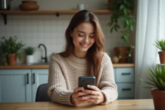 Jeune femme avec smartphone reconditionne en intérieur