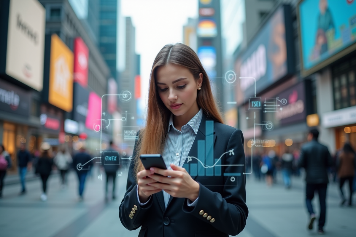 Jeune femme en ville utilisant son smartphone avec des icônes SEO autour