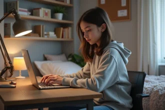 Jeune fille de 15 ans concentrée sur son ordinateur dans sa chambre