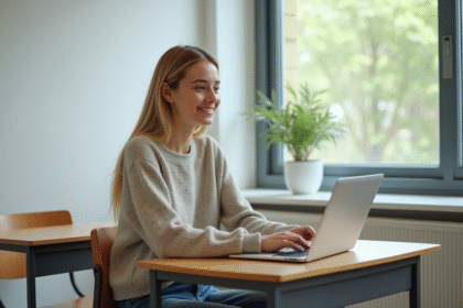Jeune femme souriante à un bureau en classe lumineuse