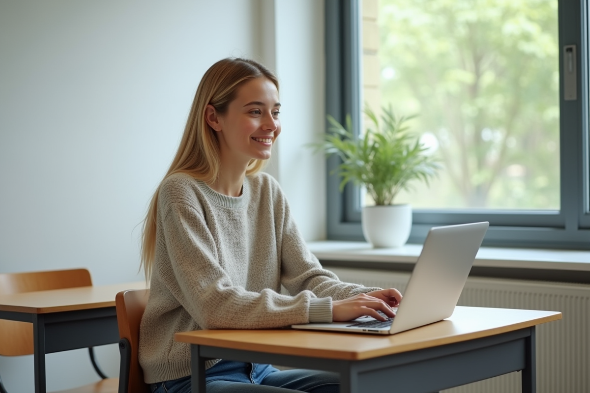 Jeune femme souriante à un bureau en classe lumineuse