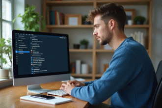 Jeune homme au bureau connecté avec ordinateur portable