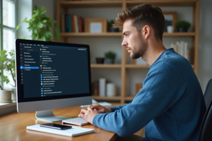 Jeune homme au bureau connecté avec ordinateur portable