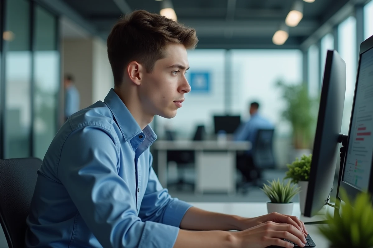 Jeune homme concentré travaillant sur un ordinateur dans un bureau moderne
