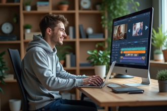 Jeune homme au bureau utilisant un ordinateur portable dans un bureau cosy