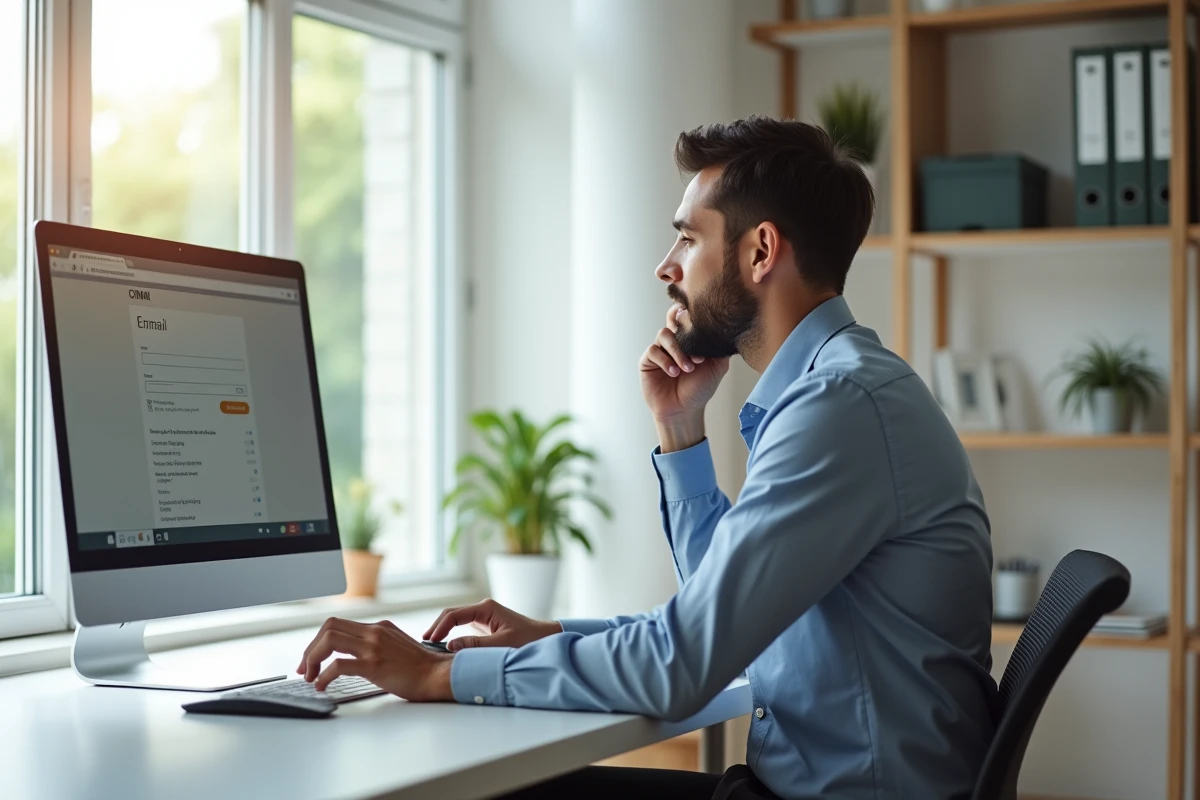 Jeune homme au bureau moderne utilisant un ordinateur