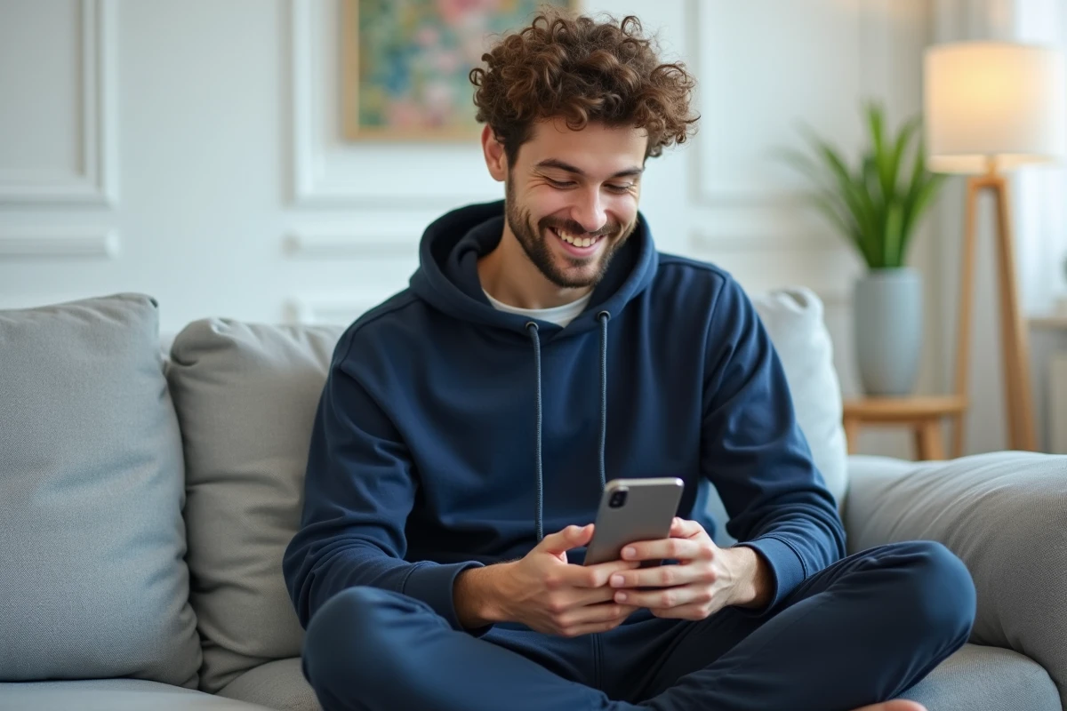 Jeune homme sur canapé envoyant un message WhatsApp avec du texte en italique sur smartphone