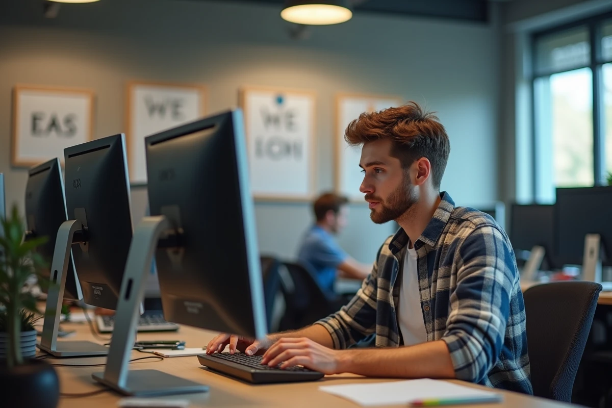 Jeune homme compare deux ecrans d