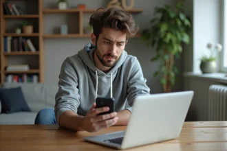 Jeune homme frustré avec téléphone Android dans un intérieur moderne
