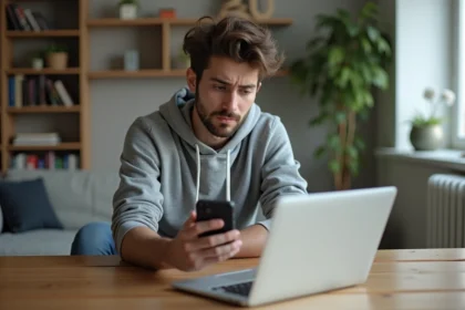 Jeune homme frustré avec téléphone Android dans un intérieur moderne