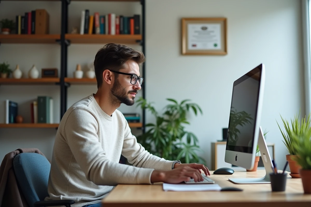 Jeune homme travaillant sur son ordinateur à la maison