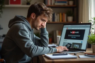 Jeune homme frustré devant un ordinateur avec erreur YouTube MP3