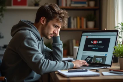 Jeune homme frustré devant un ordinateur avec erreur YouTube MP3