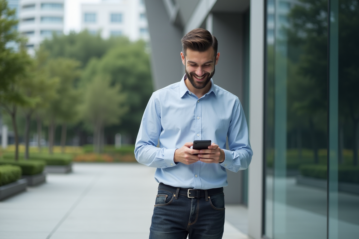 Jeune homme souriant utilisant son smartphone en extérieur
