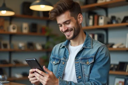 Jeune homme examine un téléphone Ericsson vintage dans une boutique