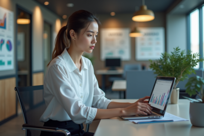 Jeune femme marketing analysant des graphiques sur un ordinateur