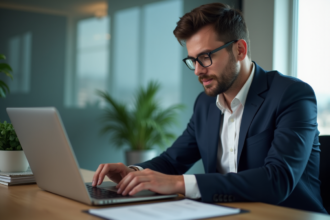 Jeune homme en costume examine un certificat numérique sur son ordinateur