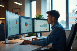 Jeune professionnel travaillant avec analytics SEO dans un bureau lumineux