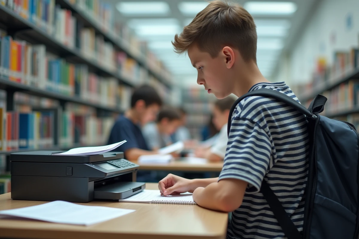 Adolescent scannant ses devoirs à la bibliothèque