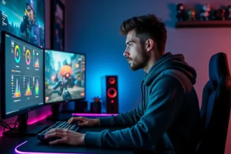 Joueur CS2 concentré analysant ses statistiques de rang sur plusieurs écrans dans un setup gaming à domicile