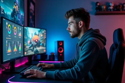 Joueur CS2 concentré analysant ses statistiques de rang sur plusieurs écrans dans un setup gaming à domicile