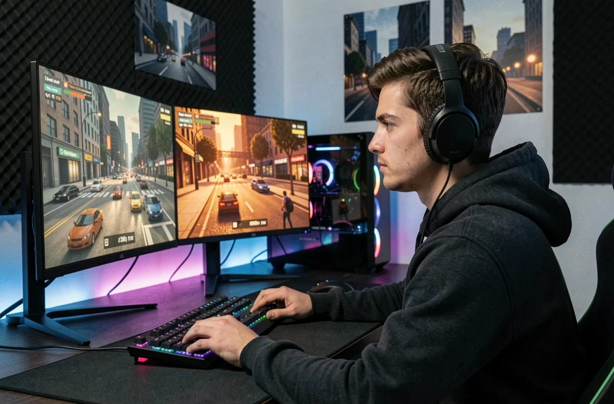 Joueur immergé dans un serveur GTA RP devant ses écrans de jeu dans une salle de gaming moderne