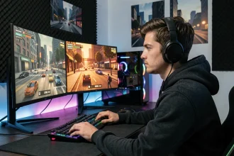 Joueur immergé dans un serveur GTA RP devant ses écrans de jeu dans une salle de gaming moderne
