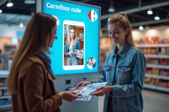 Personne utilisant un kiosque photo Carrefour avec photos colorées