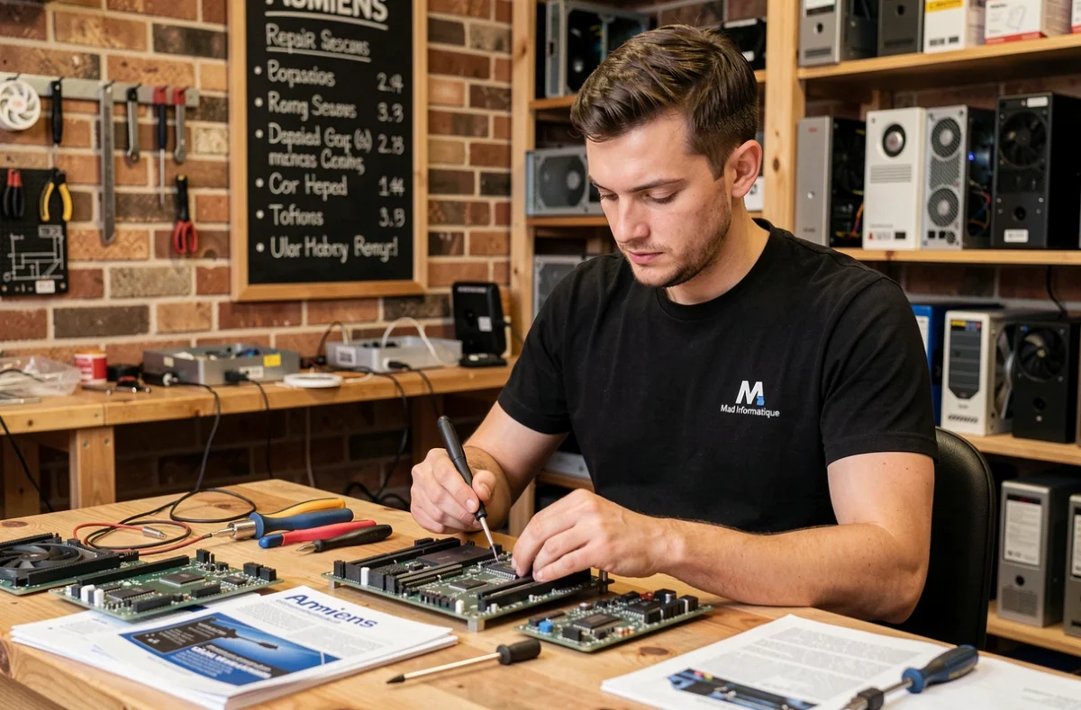 Technicien de Mad Informatique soudant des composants sur une carte mère dans un atelier de réparation informatique indépendant à Amiens