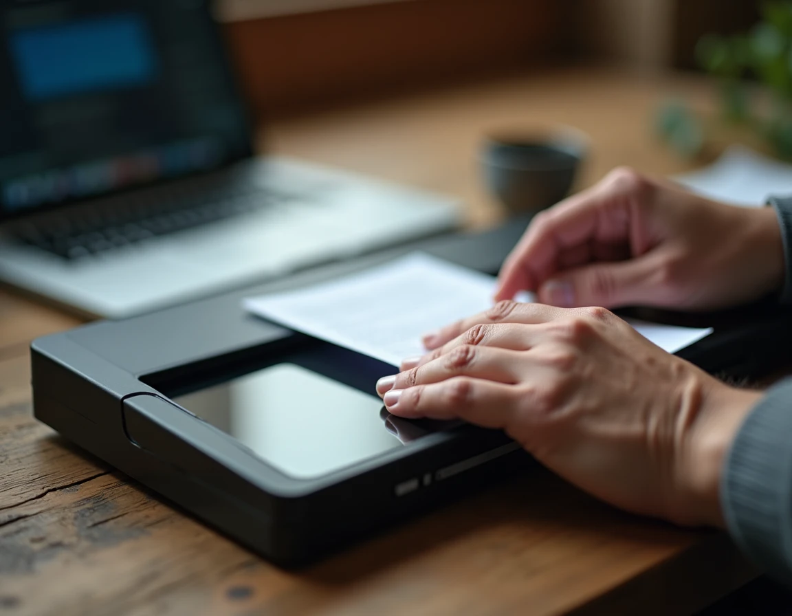 Mains alignant soigneusement une feuille imprimée sur la vitre d'un scanner à plat pour numérisation sur ordinateur portable