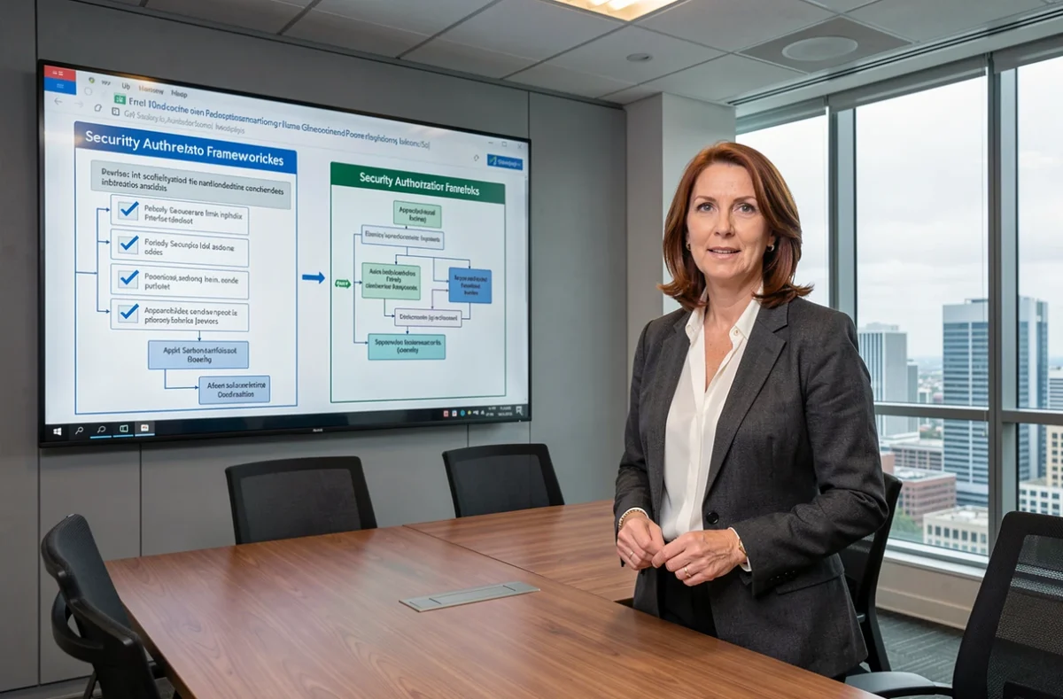 Manager en cybersécurité présentant une comparaison entre deux approches d'autorisation de mise en production d'applications dans une salle de réunion d'entreprise