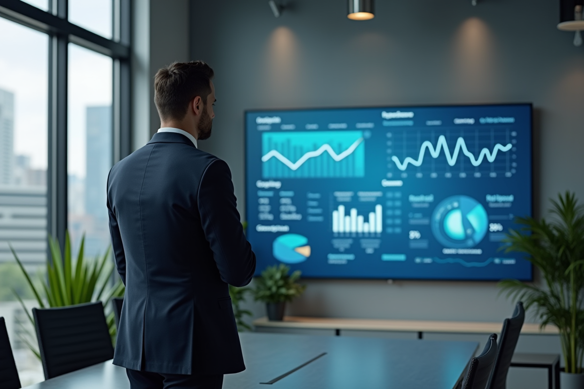 Manager marketing observant un tableau de bord digital dans une salle moderne