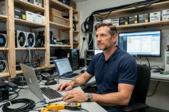Un technicien informatique professionnel travaillant dans un atelier de dépannage informatique dans la Somme, entouré d'ordinateurs portables et d'outils de diagnostic