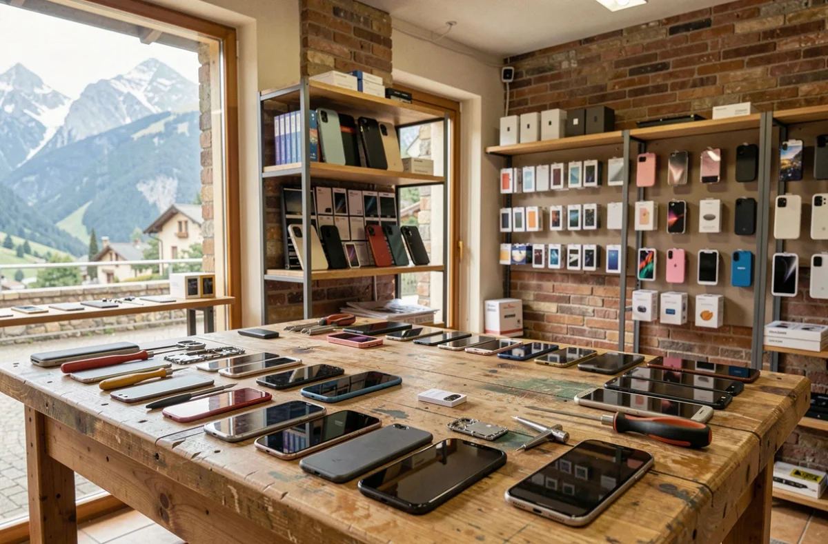Atelier de réparation de smartphones dans une ville des Pyrénées-Atlantiques avec outils et pièces détachées disposés sur un établi en bois