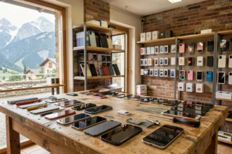 Atelier de réparation de smartphones dans une ville des Pyrénées-Atlantiques avec outils et pièces détachées disposés sur un établi en bois