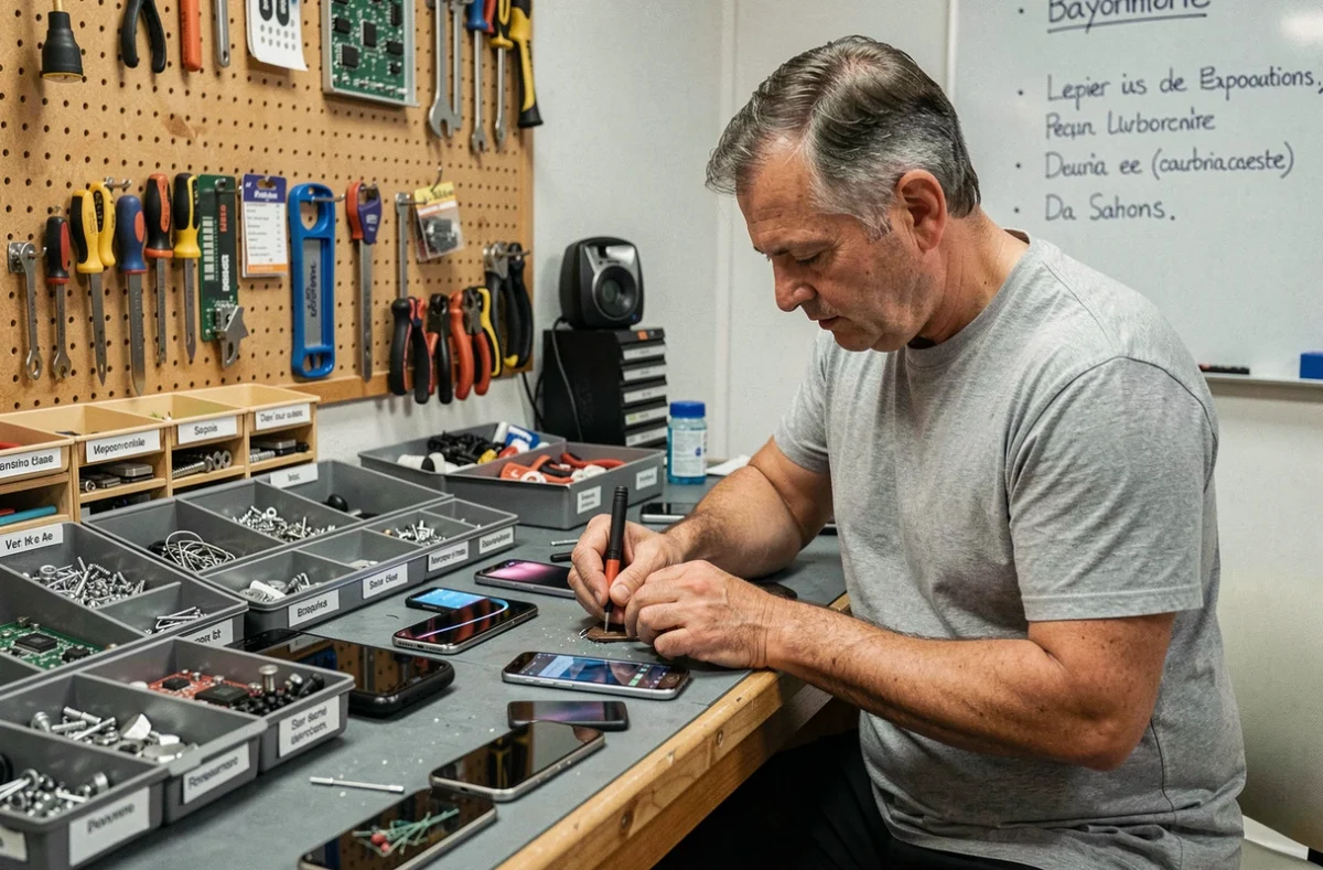 Technicien polyvalent de Monkey-Smartphone travaillant sur plusieurs appareils ouverts dans son atelier près de Bayonne