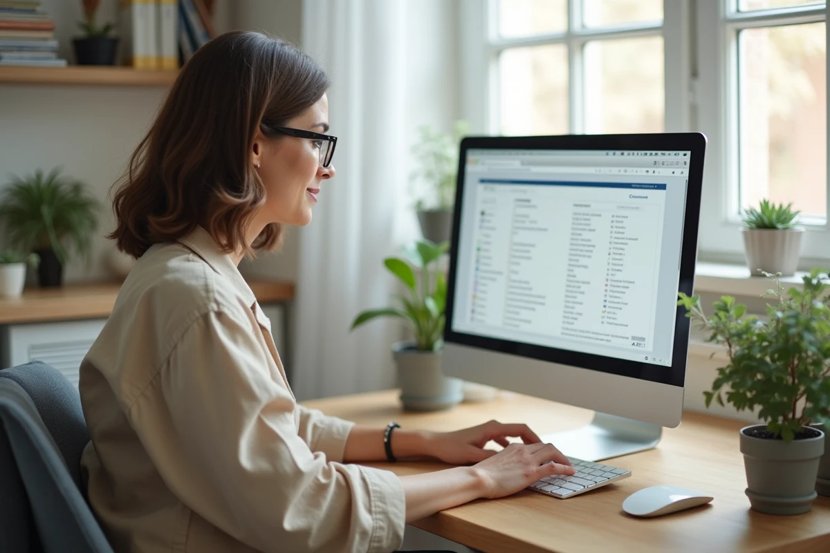 Femme utilisant un ordinateur de bureau basique pour des tâches bureautiques dans un bureau à domicile bien rangé