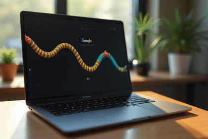 Ordinateur portable affichant le jeu Google Snake sur un bureau lumineux