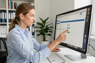 Chercheuse organisant sa messagerie professionnelle sur un écran d'ordinateur dans un bureau de recherche moderne