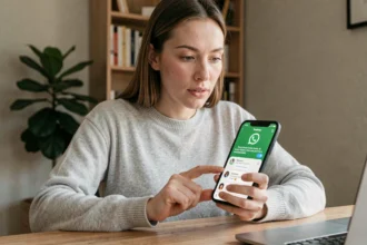 Femme consultant un fichier GPX reçu sur WhatsApp depuis son smartphone dans un bureau à domicile