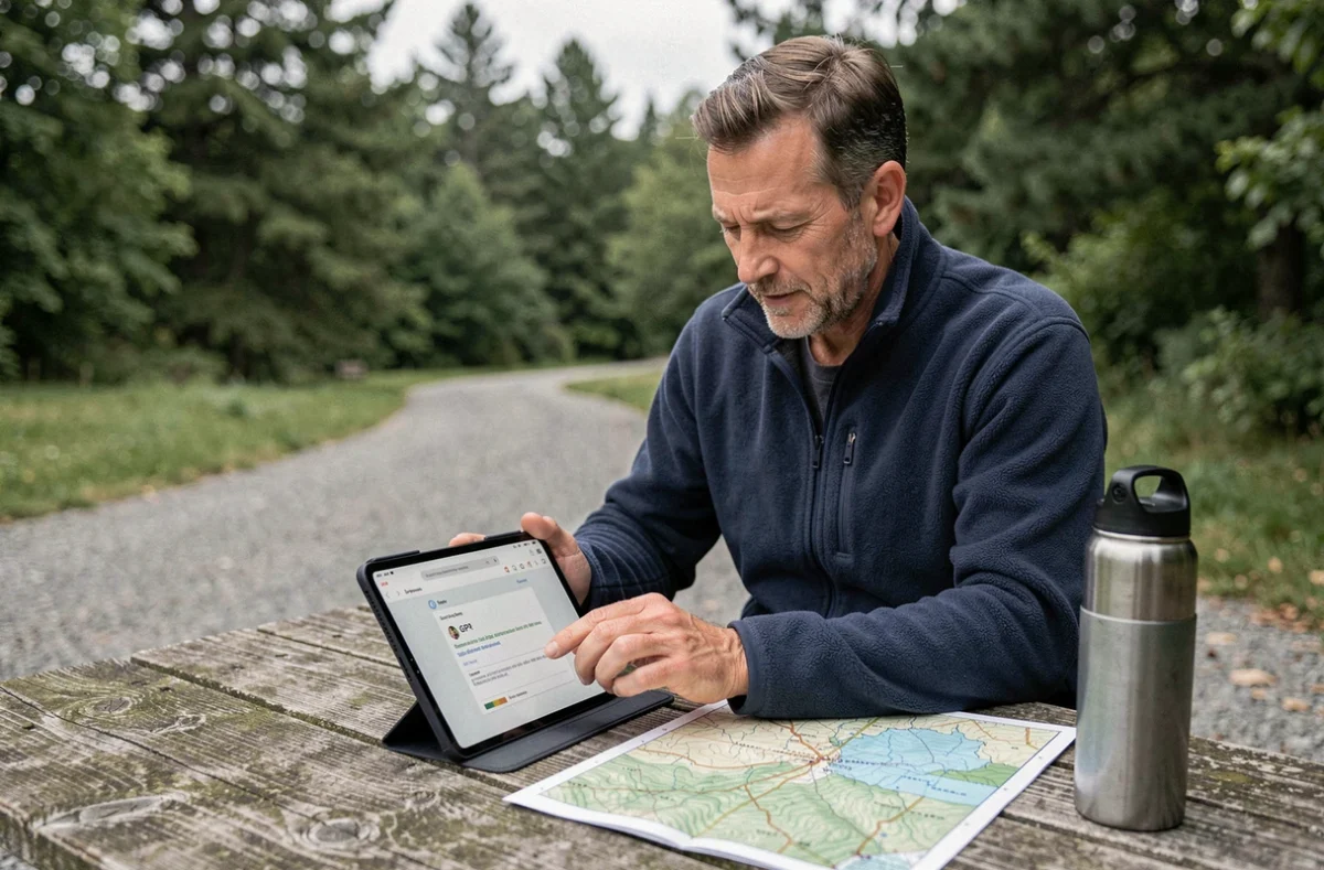 Randonneur ouvrant un fichier GPX reçu par mail sur une tablette en plein air près d'un sentier