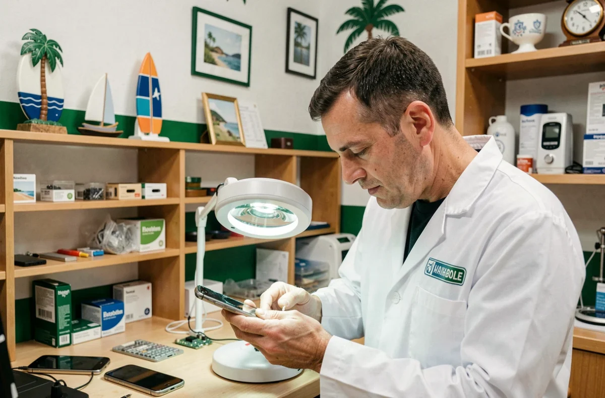 Technicien de Phone Bask inspectant un téléphone endommagé sous une loupe dans sa boutique aux couleurs basques sur la côte